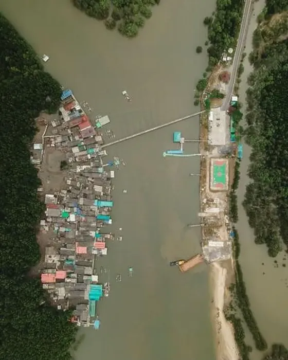 Framed Print : Aerial view of a small fishing town in the mangrove jungle Framed Print : Aerial view of a small fishing town in the mangrove jungle