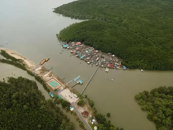 Framed Print : Aerial view of a small fishing town in the mangrove jungle Framed Print : Aerial view of a small fishing town in the mangrove jungle
