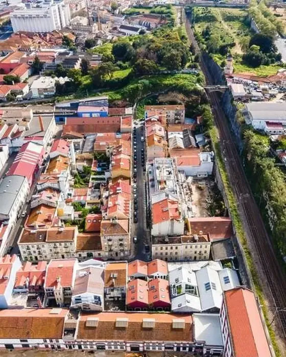 Framed Print : Aerial view of a small residential district in Lisbon outskirt along a railway, Marvila neighbourhood, Lisbon, Portugal Framed Print : Aerial view of a small residential district in Lisbon outskirt along a railway, Marvila neighbourhood, Lisbon, Portugal