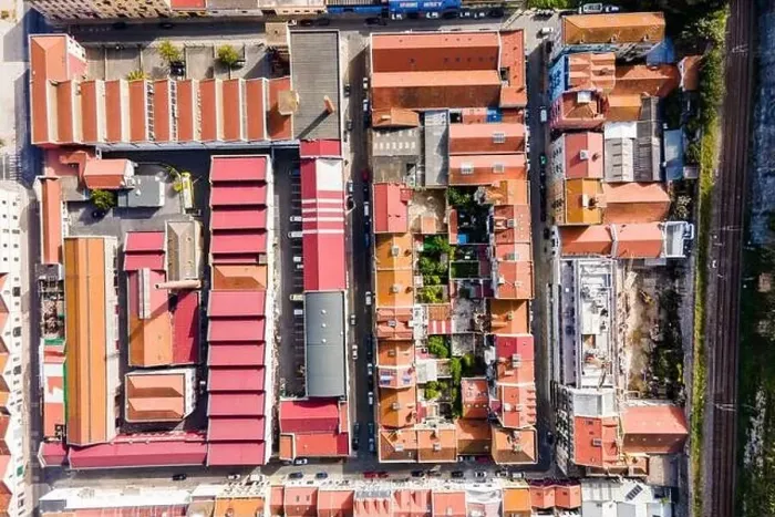 Framed Print : Aerial view of a small residential district in Lisbon outskirt along a railway, Marvila neighbourhood, Lisbon, Portugal Framed Print : Aerial view of a small residential district in Lisbon outskirt along a railway, Marvila neighbourhood, Lisbon, Portugal