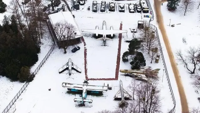 Framed Print : Aerial view of snow-clad tanks
