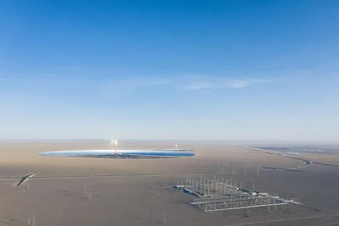 Framed Print : Aerial view of solar thermal power station and transformer substation on desert Framed Print : Aerial view of solar thermal power station and transformer substation on desert