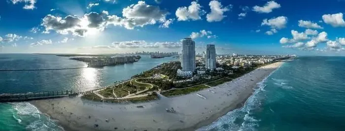 Framed Print : Aerial view of South Pointe Park in Miami with luxury condo towers Framed Print : Aerial view of South Pointe Park in Miami with luxury condo towers