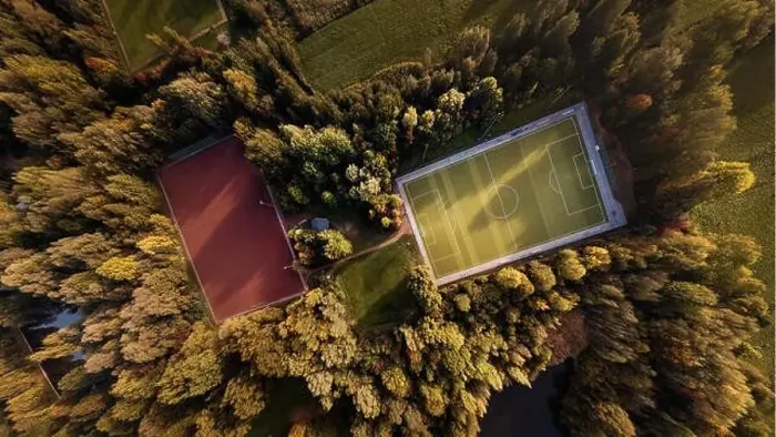 Framed Print : Aerial view of a sports facility in autumnal colours Framed Print : Aerial view of a sports facility in autumnal colours