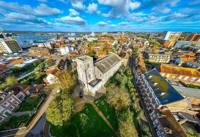 Framed Print : Aerial view of St James Church in Poole Framed Print : Aerial view of St James Church in Poole