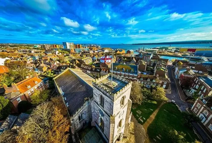 Framed Print : Aerial view of St James Church in Poole Framed Print : Aerial view of St James Church in Poole