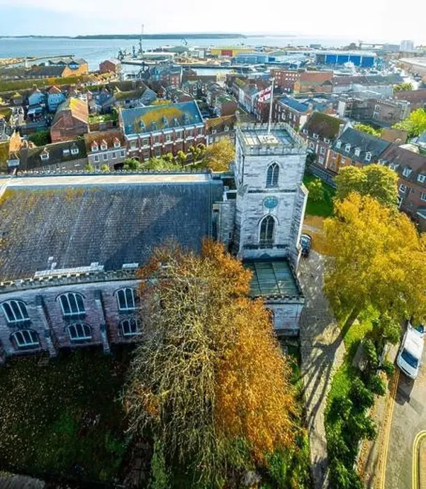 Framed Print : Aerial view of St James Church in Poole Framed Print : Aerial view of St James Church in Poole