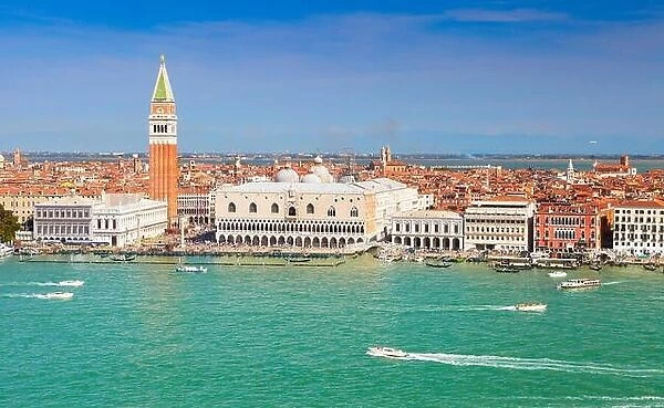 Aerial view of St Mark's Campanile (Campanile di San Marco) and Doge's Palace (Palazzo Ducale) in Venice (Venezia), UNESCO