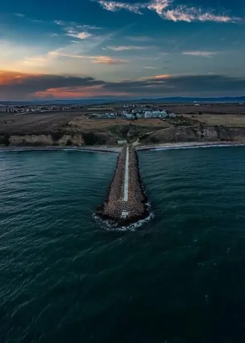 Framed Print : Aerial view of a stone breakwater near to Aheloy Bulgaria at sunset Framed Print : Aerial view of a stone breakwater near to Aheloy Bulgaria at sunset