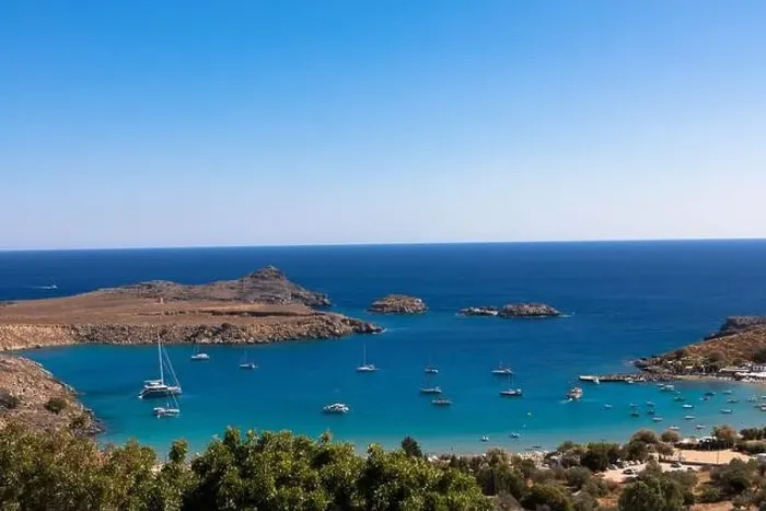 Framed Print : Aerial view from stunning bay and Vlycha Beach in Lindos on the island of Rhodes Framed Print : Aerial view from stunning bay and Vlycha Beach in Lindos on the island of Rhodes