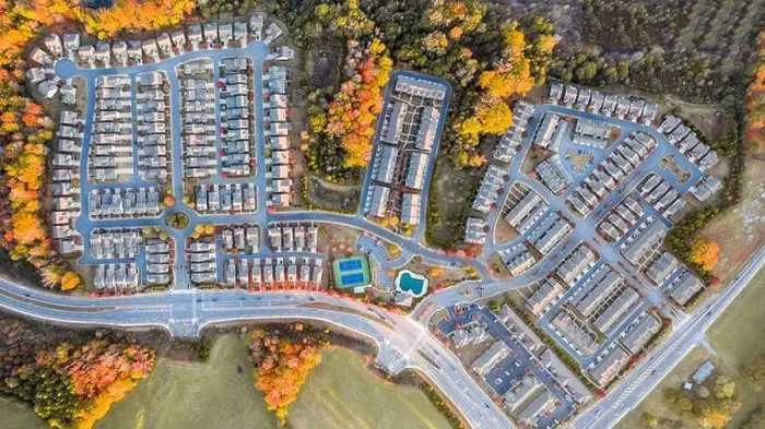Framed Print : Aerial view top to bottom suburban community in southern united states during the fall Framed Print : Aerial view top to bottom suburban community in southern united states during the fall