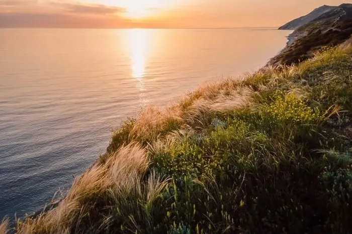Framed Print : Aerial view of summer coastline with grass and quiet sea. Coastline with sunset colors Framed Print : Aerial view of summer coastline with grass and quiet sea. Coastline with sunset colors