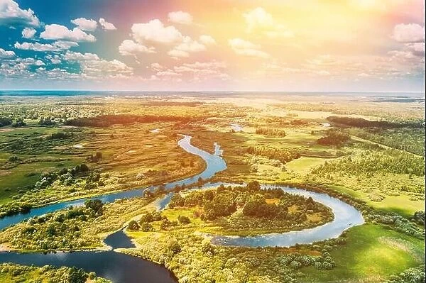 Aerial View Of Summer Curved River Landscape In Sunny Summer Day. Top View From High Attitude In Summer Season