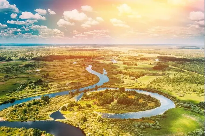 Framed Print : Aerial View Of Summer Curved River Landscape In Sunny Summer Day. Top View From High Attitude In Summer Season Framed Print : Aerial View Of Summer Curved River Landscape In Sunny Summer Day. Top View From High Attitude In Summer Season