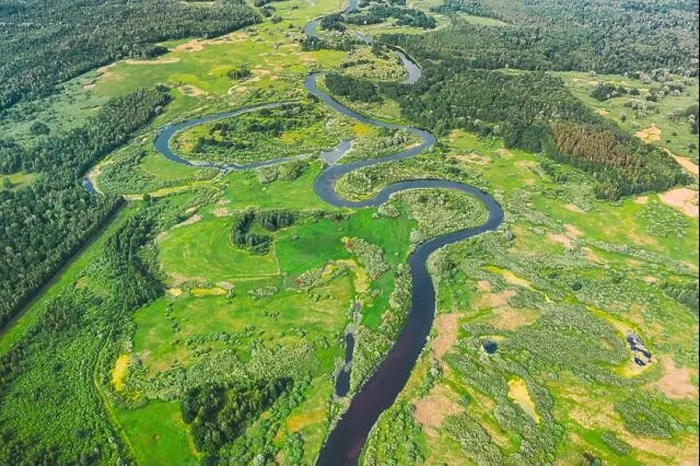 Framed Print : Aerial View Of Summer Curved River Landscape In Sunny Summer Day. Top View Of Beautiful European Nature From High Attitude In Summer Season. Drone Framed Print : Aerial View Of Summer Curved River Landscape In Sunny Summer Day. Top View Of Beautiful European Nature From High Attitude In Summer Season. Drone