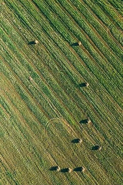 Aerial View of Summer Field Landscape With With Dry Hay Bales During Harvest. Trails Lines on Farmland. Top View Agricultural Landscape. Drone View. B
