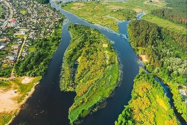 Aerial View Of Summer River Landscape In Sunny Summer Day. Top View Of Beautiful European Nature From High Attitude In Summer Season. Drone View. Bird