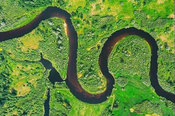 Aerial View Of Summers Curved River Landscape In Sunny Summer Day. Top View Of Beautiful European Nature From High Attitude In Summer Season. Drone
