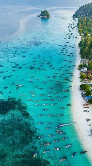 Framed Print : Aerial view of Sunrise beach with long tail boats in Koh Lipe, Satun, Thailand Framed Print : Aerial view of Sunrise beach with long tail boats in Koh Lipe, Satun, Thailand