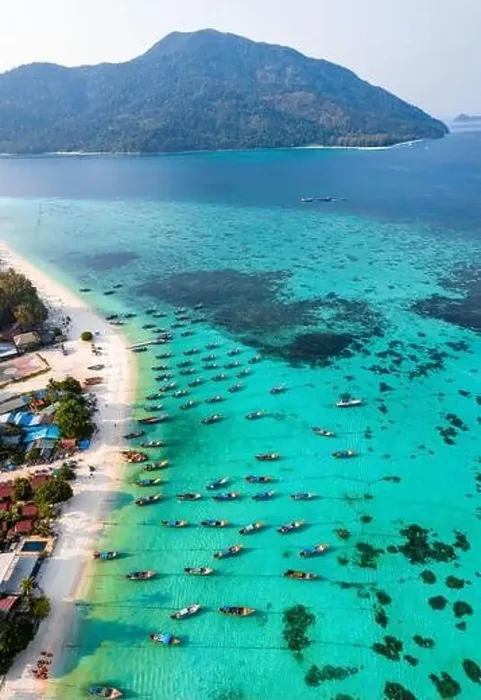 Framed Print : Aerial view of Sunrise beach with long tail boats in Koh Lipe, Satun, Thailand Framed Print : Aerial view of Sunrise beach with long tail boats in Koh Lipe, Satun, Thailand