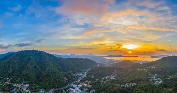 Framed Print : aerial view sunrise in Chalong sea Phuket big Buddha is on the top of Nakkerd mountain Framed Print : aerial view sunrise in Chalong sea Phuket big Buddha is on the top of Nakkerd mountain