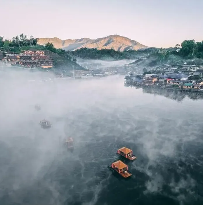 Framed Print : Aerial view of Sunrise with fog over Ban Rak thai, chinese village near a lake in Mae Hong Son, Thailand Framed Print : Aerial view of Sunrise with fog over Ban Rak thai, chinese village near a lake in Mae Hong Son, Thailand