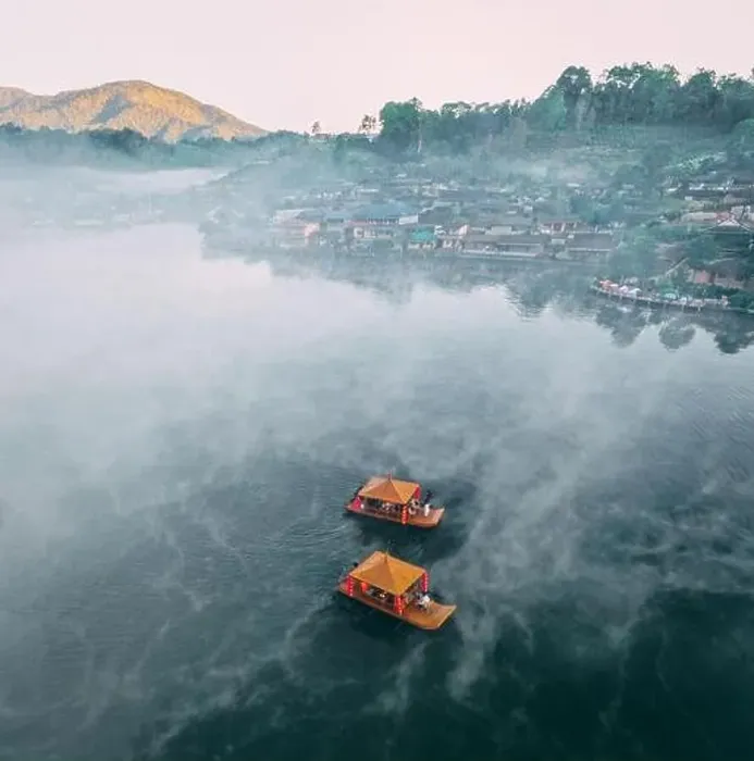 Framed Print : Aerial view of Sunrise with fog over Ban Rak thai, chinese village near a lake in Mae Hong Son, Thailand Framed Print : Aerial view of Sunrise with fog over Ban Rak thai, chinese village near a lake in Mae Hong Son, Thailand