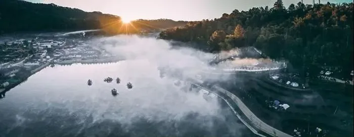 Framed Print : Aerial view of Sunrise with fog over Ban Rak thai, chinese village near a lake in Mae Hong Son, Thailand Framed Print : Aerial view of Sunrise with fog over Ban Rak thai, chinese village near a lake in Mae Hong Son, Thailand