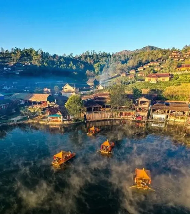 Framed Print : Aerial view of Sunrise with fog over Ban Rak thai, chinese village near a lake in Mae Hong Son, Thailand Framed Print : Aerial view of Sunrise with fog over Ban Rak thai, chinese village near a lake in Mae Hong Son, Thailand
