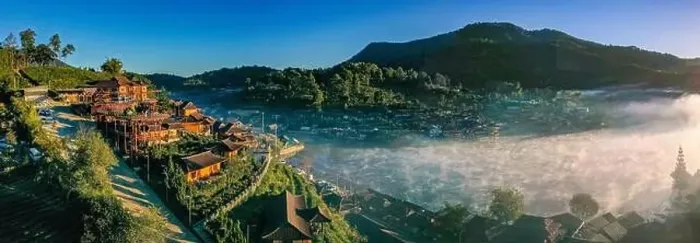 Framed Print : Aerial view of Sunrise with fog over Ban Rak thai, chinese village near a lake in Mae Hong Son, Thailand Framed Print : Aerial view of Sunrise with fog over Ban Rak thai, chinese village near a lake in Mae Hong Son, Thailand