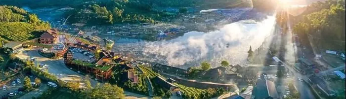 Framed Print : Aerial view of Sunrise with fog over Ban Rak thai, chinese village near a lake in Mae Hong Son, Thailand Framed Print : Aerial view of Sunrise with fog over Ban Rak thai, chinese village near a lake in Mae Hong Son, Thailand