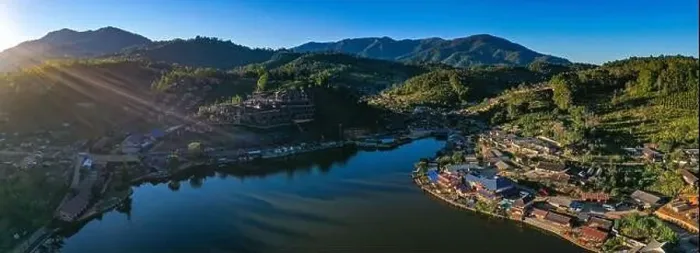 Framed Print : Aerial view of Sunrise with fog over Ban Rak thai, chinese village near a lake in Mae Hong Son, Thailand Framed Print : Aerial view of Sunrise with fog over Ban Rak thai, chinese village near a lake in Mae Hong Son, Thailand