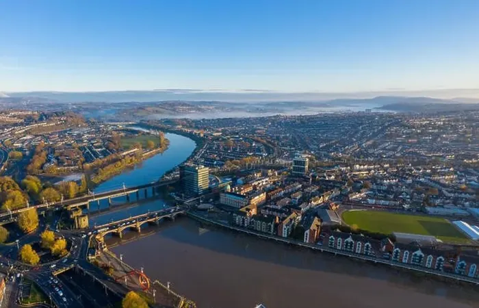 Framed Print : An aerial view at sunrise of Newport city centre, south wales United Kingdom, taken from the River Usk Framed Print : An aerial view at sunrise of Newport city centre, south wales United Kingdom, taken from the River Usk