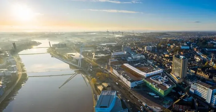 Framed Print : An aerial view at sunrise of Newport city centre, south wales United Kingdom, taken from the River Usk Framed Print : An aerial view at sunrise of Newport city centre, south wales United Kingdom, taken from the River Usk