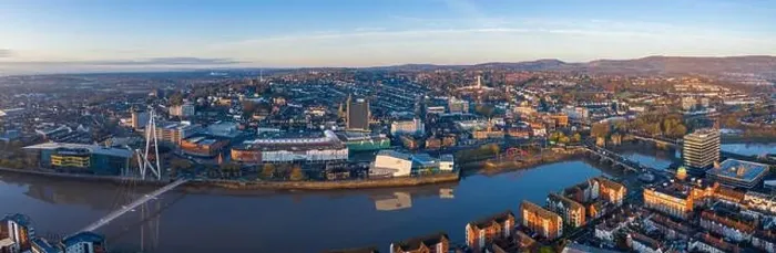 Framed Print : An aerial view at sunrise of Newport city centre, south wales United Kingdom, taken from the River Usk Framed Print : An aerial view at sunrise of Newport city centre, south wales United Kingdom, taken from the River Usk