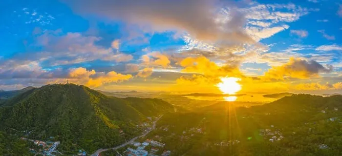Framed Print : aerial view sunrise on Phuket big Buddha viewpoint and Chalong sea Framed Print : aerial view sunrise on Phuket big Buddha viewpoint and Chalong sea