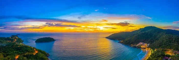Framed Print : aerial view sunset above Nai Harn beach Framed Print : aerial view sunset above Nai Harn beach