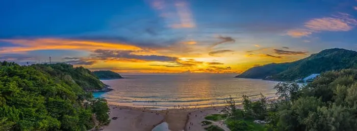 Framed Print : aerial view sunset above Nai Harn beach Framed Print : aerial view sunset above Nai Harn beach