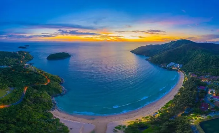 Framed Print : aerial view sunset above Nai Harn beach Framed Print : aerial view sunset above Nai Harn beach