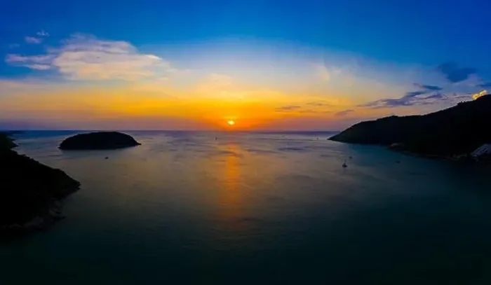 Framed Print : aerial view sunset above Nai Harn beach
