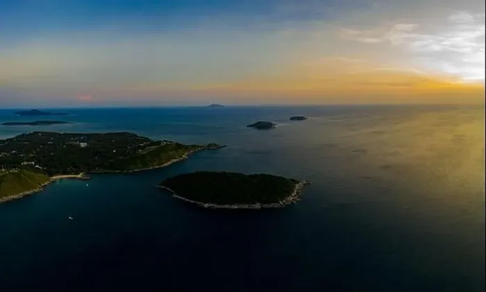 Framed Print : aerial view sunset above Nai Harn beach Framed Print : aerial view sunset above Nai Harn beach