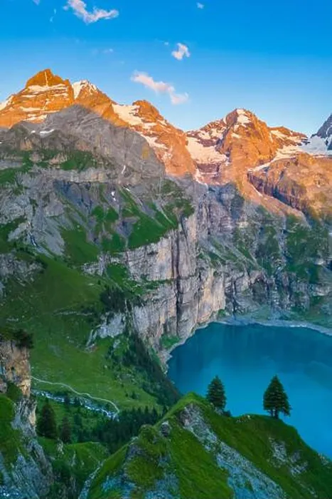 Framed Print : Aerial view of the sunset on the Oeschinensee Framed Print : Aerial view of the sunset on the Oeschinensee