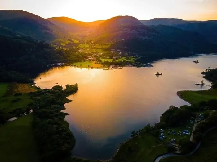 Framed Print : Aerial view of sunset over Ullswater lake in Lake District Framed Print : Aerial view of sunset over Ullswater lake in Lake District