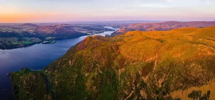 Framed Print : Aerial view of sunset over Ullswater lake in Lake District Framed Print : Aerial view of sunset over Ullswater lake in Lake District