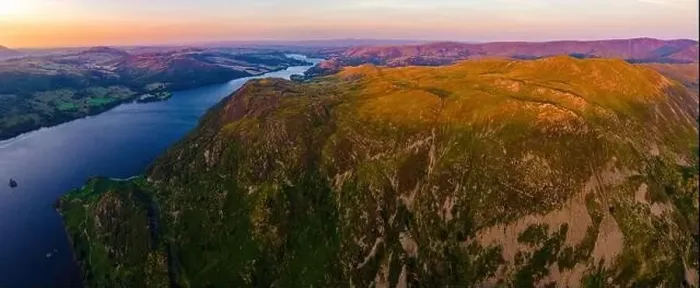 Framed Print : Aerial view of sunset over Ullswater lake in Lake District Framed Print : Aerial view of sunset over Ullswater lake in Lake District