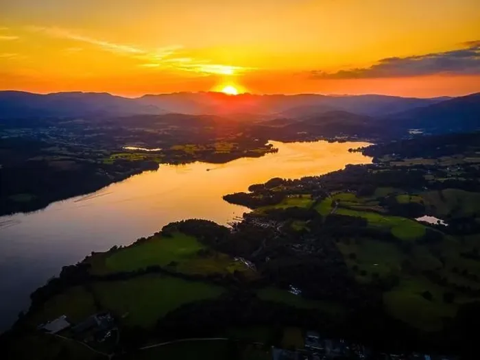 Framed Print : Aerial view of sunset over Windermere in Lake District, a region and national park in Cumbria in northwest England, UK Framed Print : Aerial view of sunset over Windermere in Lake District, a region and national park in Cumbria in northwest England, UK