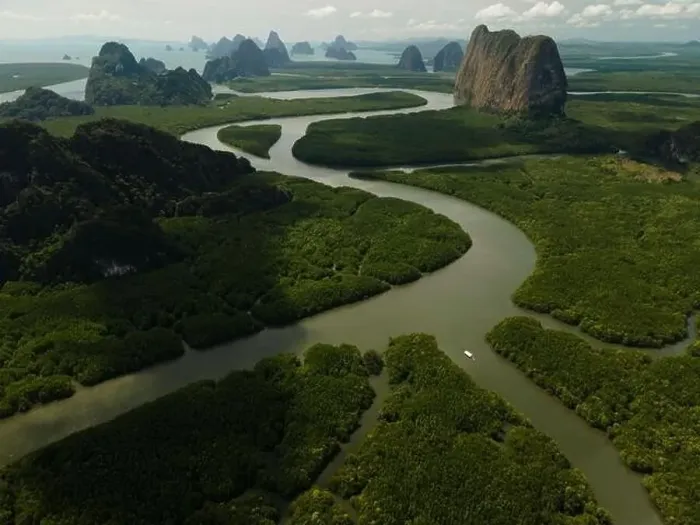 Framed Print : Aerial view of a swerving river through a series of limestones in Phang Nga Bay Framed Print : Aerial view of a swerving river through a series of limestones in Phang Nga Bay