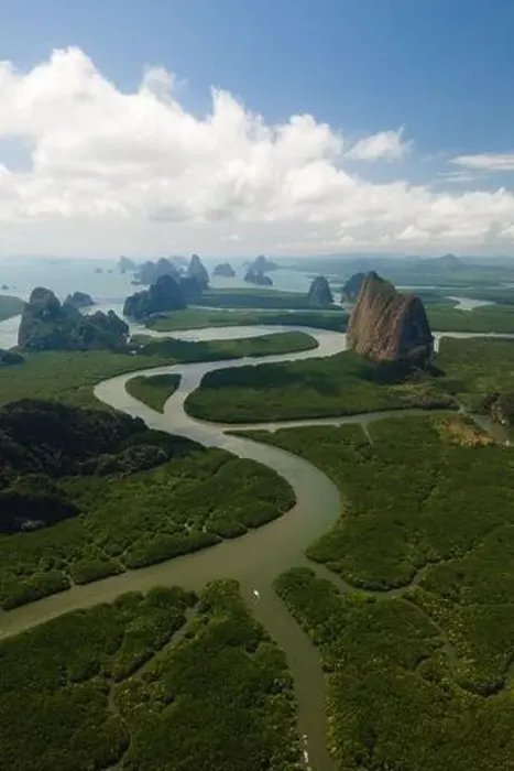 Framed Print : Aerial view of a swerving river through a series of limestones in Phang Nga Bay Framed Print : Aerial view of a swerving river through a series of limestones in Phang Nga Bay