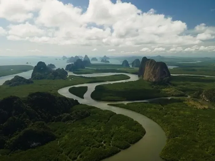Framed Print : Aerial view of a swerving river through a series of limestones in Phang Nga Bay Framed Print : Aerial view of a swerving river through a series of limestones in Phang Nga Bay