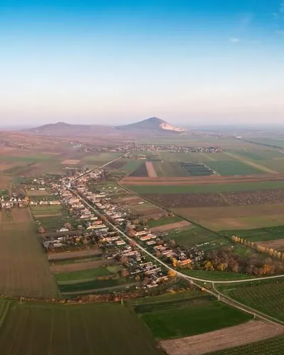 Framed Print : Aerial view of Szarsomlyo mountain with small village in Hungary Framed Print : Aerial view of Szarsomlyo mountain with small village in Hungary